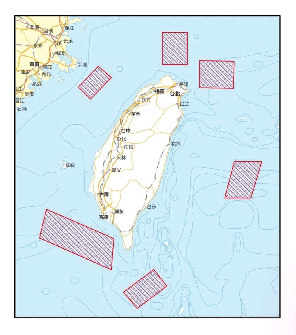 Peta lokasi latihan perang Tentara Pembebasan Rakyat (PLA) China pada 4-6 Agustus 2022. Lokasi latihan mengelilingi Taiwan.