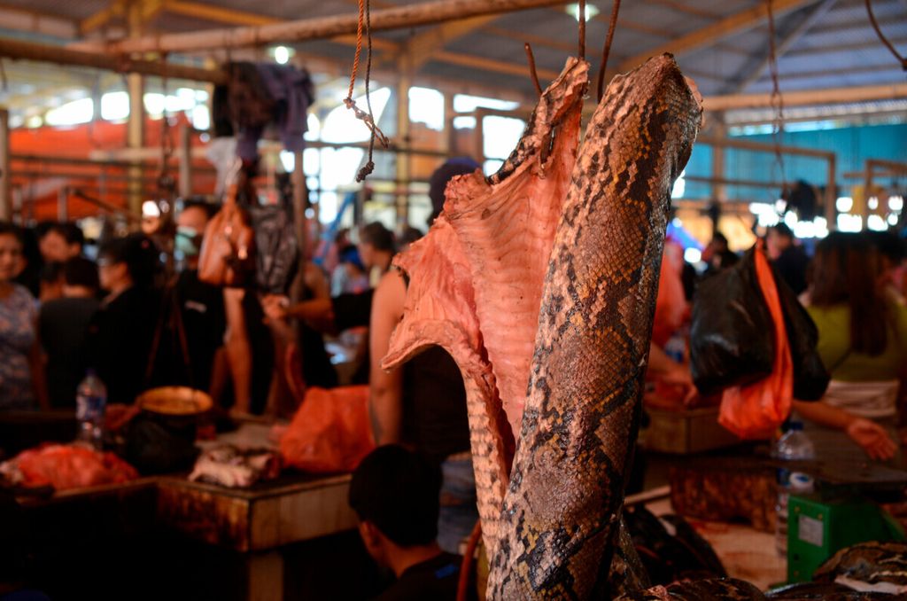 Salah satu jenis daging ular yang dijual untuk dikonsumsi di Pasar Beriman, Kota Tomohon, Sulawesi Utara, Sabtu (10/8/2019).