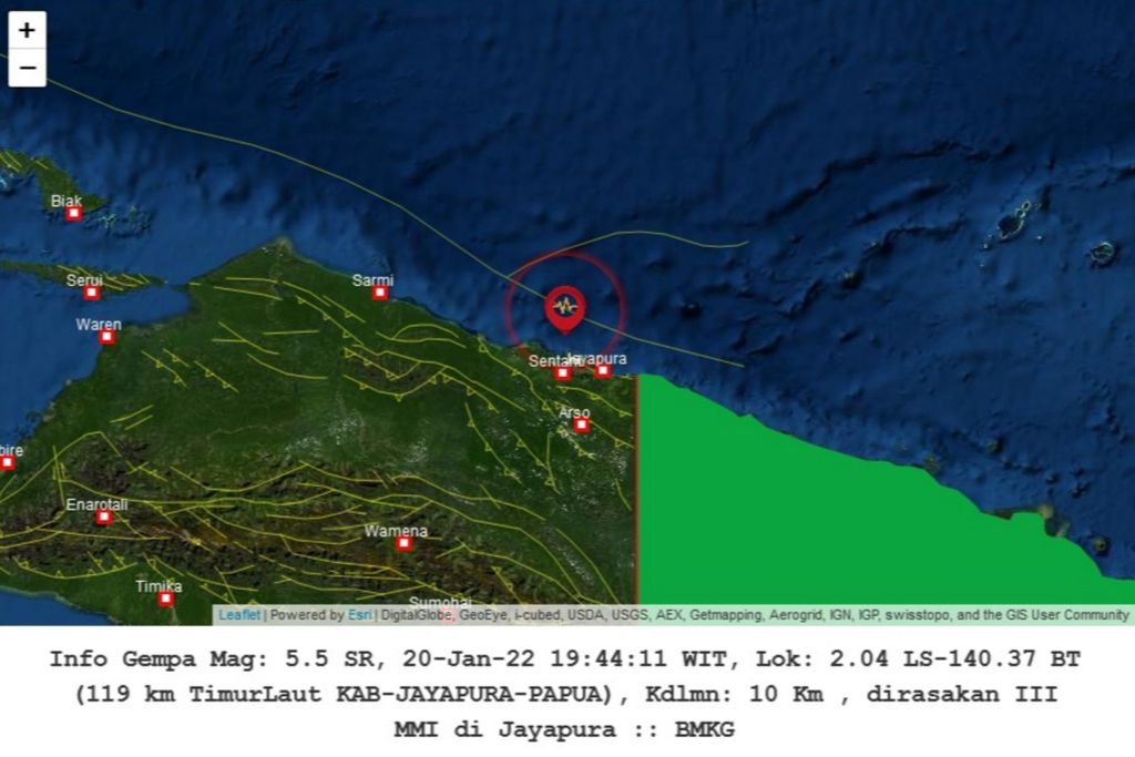 Infografis gempa Magnitudo 5,5 di Kota Jayapura pada Kamis (20/1/2022).