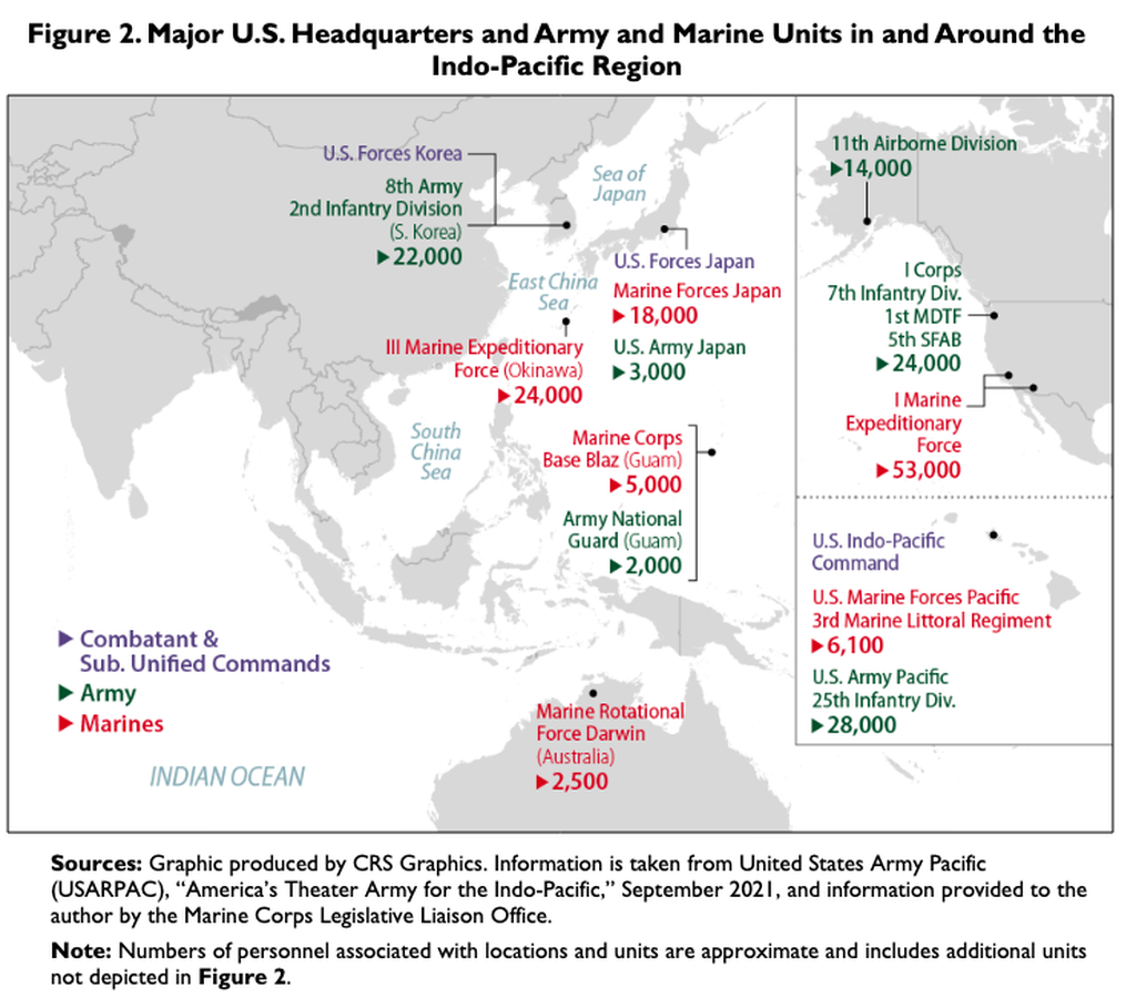Lokasi pangkalan militer resmi Amerika Serikat di Indo-Pasifik, seperti dicantumkan dalam laporan Badan Penelitian dan Pengembangan Kongres AS edisi Agustus 2022. AS mengoperasikan hampir 800 pangkalan militer di 80 negara.