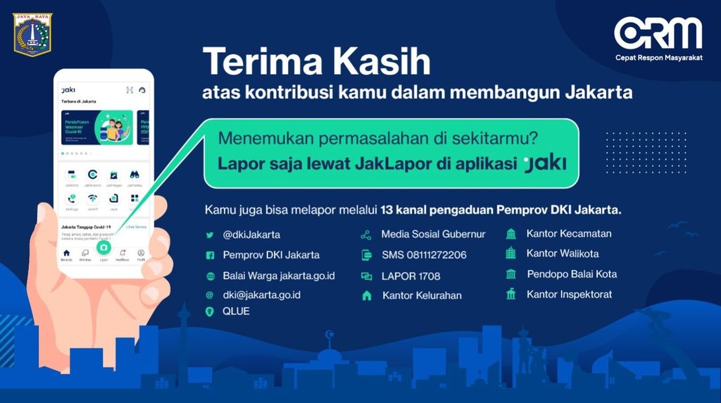 Poster kanal pengaduan masyarakat Jakarta dalam sistem Cepat Respon Masyarakat atau CRM.
