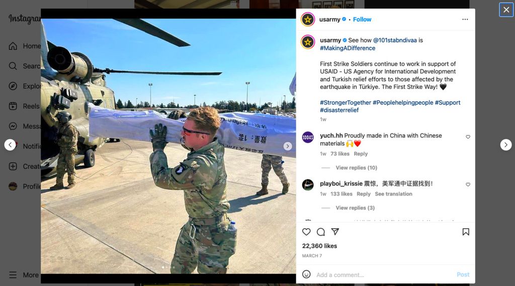 Dalam tangkapan layar akun media sosial Angkatan Darat Amerika Serikat ini terlihat seorang prajurit AS mengangkut bantuan. AD AS menyebut bantuan itu dari AS untuk korban gempa Turki. Warganet menemukan kesamaan benda yang diangkut itu dengan kemasan tenda yang dikirim China untuk Suriah