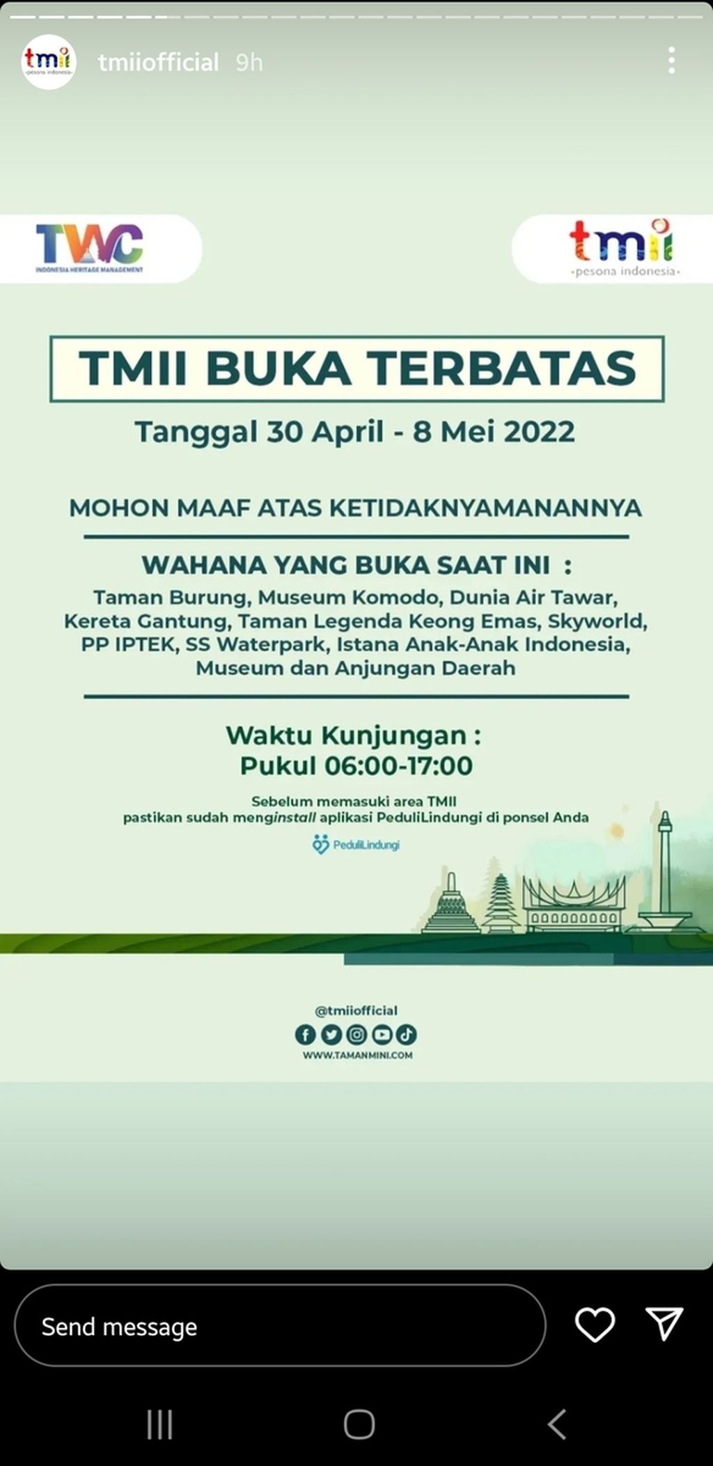 Pengumuman operasional Taman Mini Indonesia Indah selama libur Lebaran 2022.