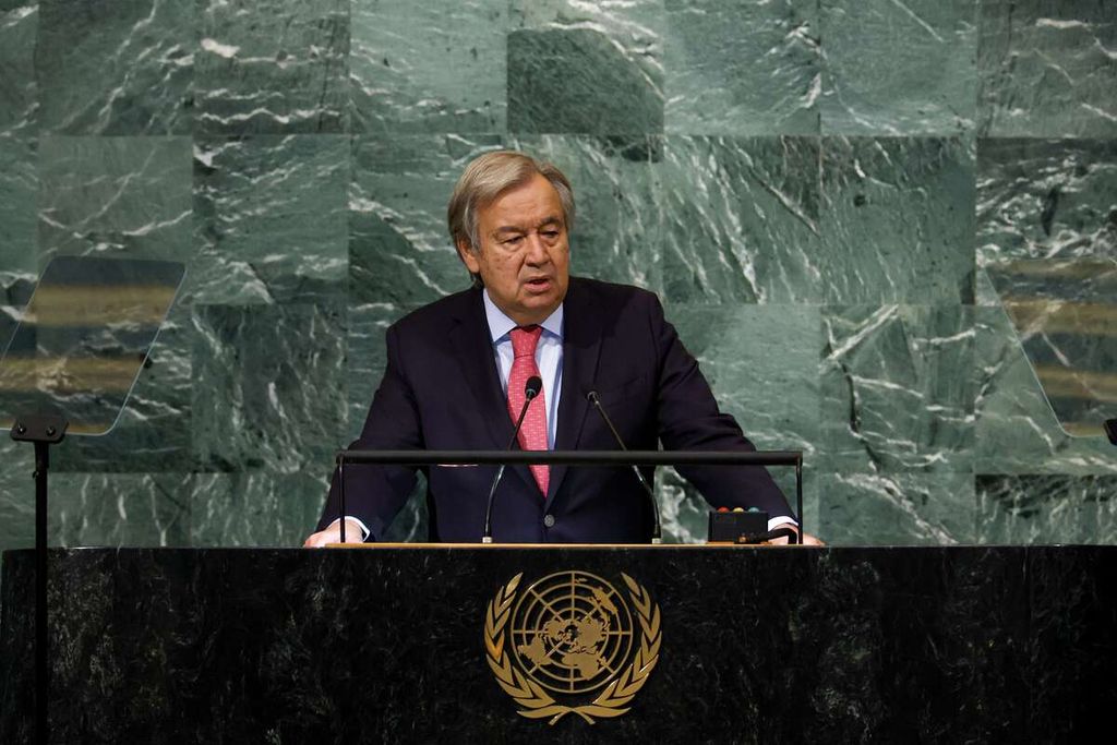 NEW YORK, NEW YORK - SEPTEMBER 20: United Nations Secretary General Antonio Guterres speaks during the 77th session of the United Nations General Assembly (UNGA) at the U.N. headquarters on September 20, 2022 in New York City. After two years of holding the session virtually or in a hybrid format, 157 heads of state and representatives of government are expected to attend the General Assembly in person. 