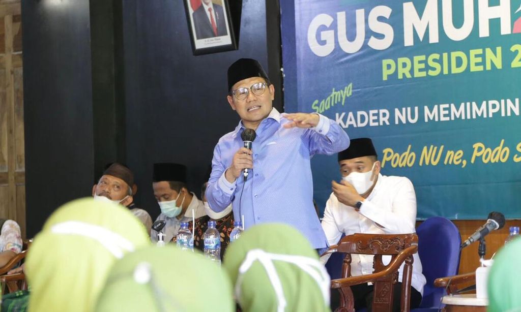 Ketua Umum PKB Abdul Muhaimin Iskandar saat rangkaian safari politik ke Kediri, Pacitan, dan Trenggalek, Jawa Timur, Sabtu (5/3/2022). Muhaimin mewacanakan penundaan Pemilu 2024.