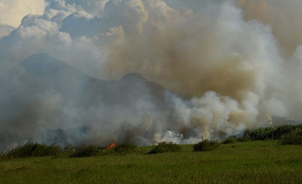 Kebakaran ilalang di daerah Gedangan, Kabupaten Sidoarjo, Jawa Timur, awal September 2022. Kemarau membuat lahan kosong yang ditumbuhi ilalang rawan kebakaran. Jika tidak tertangani, kebakaran bisa merembet ke kawasan permukiman. 