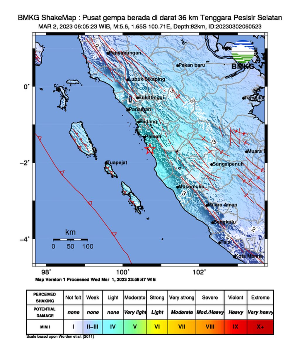 Peta gempa tektonik M 5,6 yang terjadi di darat Kabupaten Pesisir Selatan, Sumatera Barat, Kamis (2/3/2023) pagi.