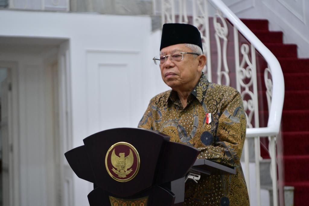 Wakil Presiden Ma’ruf Amin saat menyampaikan sambutan melalui konferensi video pada Rapat Koordinasi Nasional (Rakornas) Ikatan Dai Indonesia (Ikadi) ke-2, Jumat (20/1/2023) malam.