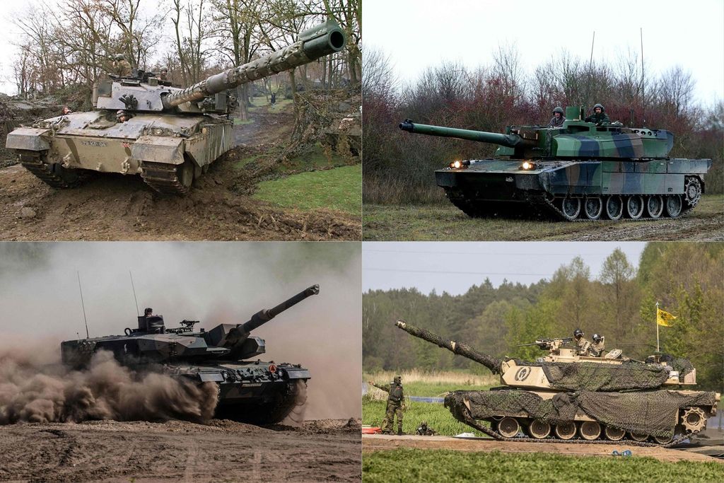 Dalam foto kolase yang dibuat pada 25 Februari 2023 ini (searah jarum jam dari kiri atas) terlihat tank Challenger 2 buatan Inggris, Leclerc buatan Perancis, Leopard 2 buatan Jerman, dan Abrams buatan Amerika Serikat. Seluruh jenis tank itu dijanjikan untuk Ukraina. Sejauh ini, Leopard 2 dan Challenger 2 sudah tiba.