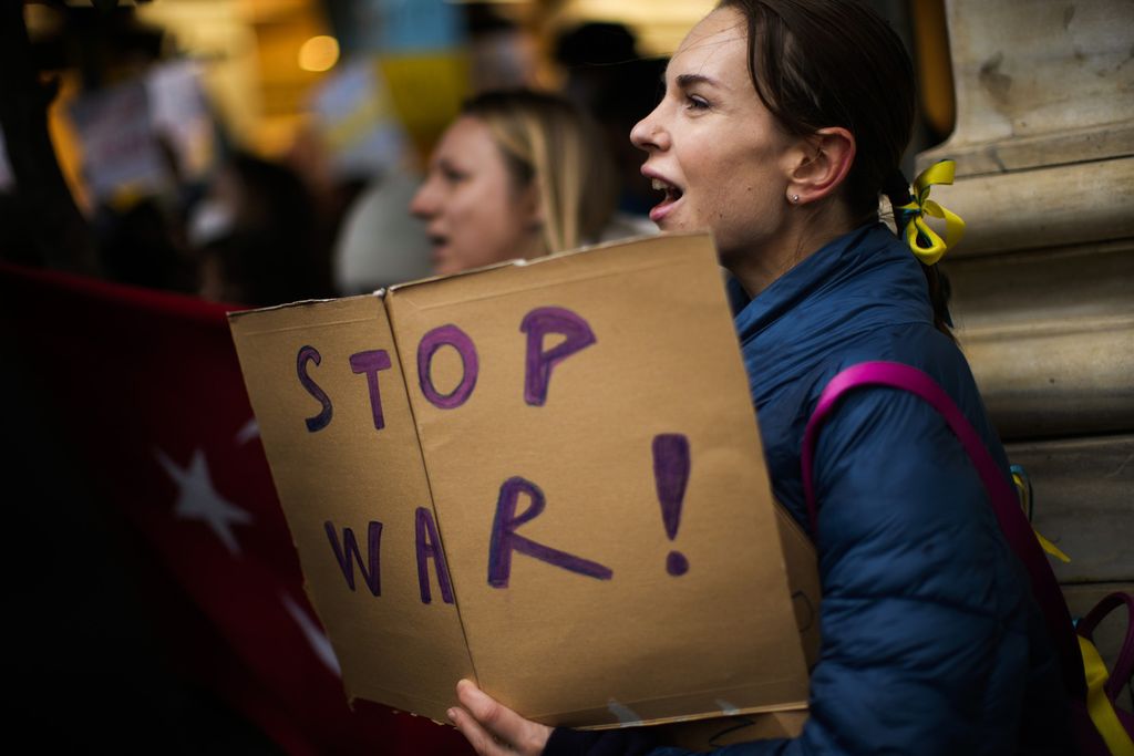 Demonstrators shout slogans during a protest outside the Russian consulate in Istanbul, Turkey, Friday, Feb. 25, 2022, after Russian troops have launched an invasion on Ukraine. 