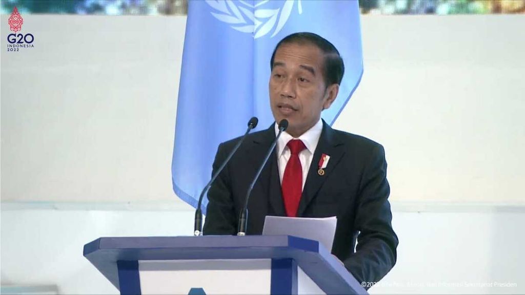 Presiden Joko Widodo saat memberi sambutan pada pembukaan The 7th Global Platform for Disaster Risk Reduction 2022 yang digelar di Bali Nusa Dua Convention Center, Kabupaten Badung, Bali, Rabu (25/5/2022).