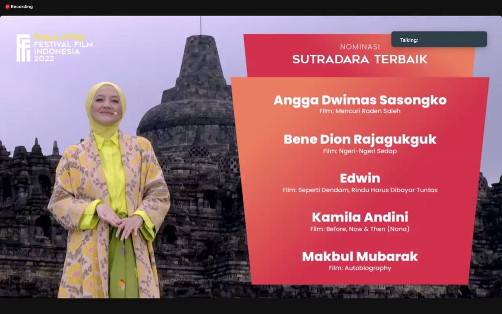 Tangkapan layar yang menunjukkan acara pengumuman nomine Piala Citra yang digelar secara virtual dari kawasan Candi Borobudur, Magelang, Jawa Tengah, Sabtu (22/10/2022).