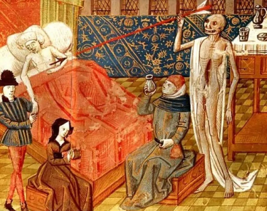 Ilustrasi dokter tengah memeriksa urine dan nadi pasien penyakit pes dalam kondisi masyarakat diserang wabah pes pada abad ke-15.