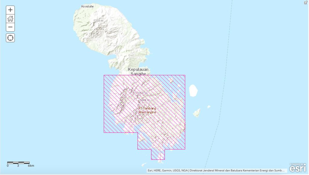 Separuh dari luas Pulau Sangihe, Kepulauan Sangihe, Sulawesi Utara, menjadi lahan konsesi tambang emas bagi PT Tambang Mas Sangihe (TMS). PT TMS mengantongi kontrak karya selama 33 tahun ke depan hingga 28 Januari 2054.