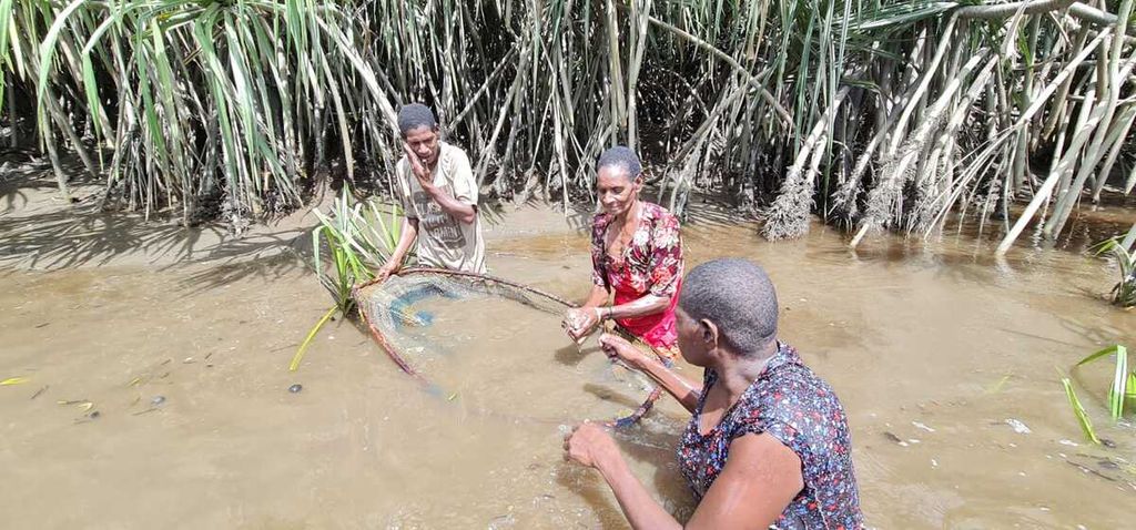 Sejumlah ibu-ibu di Kampung Damen, Distrik Siret, Asmat, Papua, mencari ikan di sungai di sekitar kampung, Selasa (21/6/2022).
