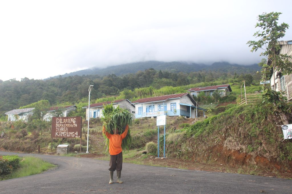 Seorang warga sedang mengangkat rumput di Kampung Empat, Kecamatan Dempo Selatan, Kota Pagar Alam, Sumatera selatan, Jumat (20/12/2019). Kawasan ini berbatasan langsung dengan Hutan Lindung Bukit Dingin yang berada dekat dengan kawasan hutan lindung.