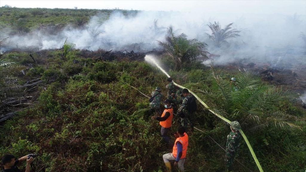Petugas memadamkan api di lahan terbakar di Kabupaten Aceh Barat Daya, Aceh Kamis, (4/7/2019). Seluas 39,5 hektar lahan gambut terbakar di Aceh. 