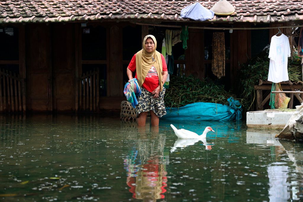 Sarmini bersama entok peliharaannya saat berada di rumahnya yang masih tergenang banjir di Desa Kasiyan, Kecamatan Sukolilo, Kabupaten Pati, Jawa Tengah, Kamis (16/3/2023). 