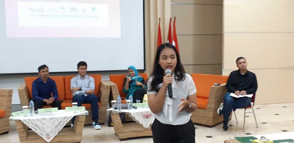 Friska Audia Ersintamara dari Komunitas Orang Muda Anti Perdagangan Orang dan Eksploitasi Seksual Anak (Kompak) Jakarta, Kamis (23/2/2020), pada End Sexual Exploitation of Children Conference 2020 (E-SECO Conference 2020) di Jakarta.