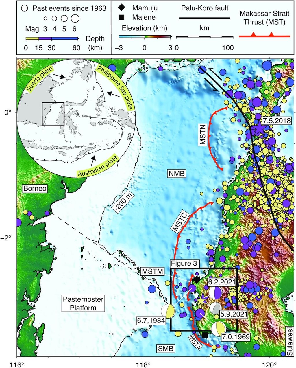 Gempa Mamuju M 6,2 pada 15 Januari 2021 terjadi di dekat sistem patahan aktif dan didahului oleh kejadian pendahuluan, yang terbesar adalah gempa M 5,9. Sumber: Irwan Meilano, dkk (<i>Geophysical Journal International</i>, 2023) 