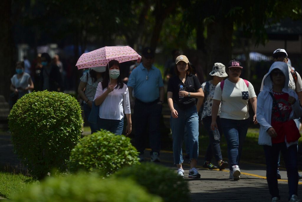 Sebagian anggota rombongan wisatawan asing asal China mengenakan masker saat mengunjungi Candi Borobudur di Kabupaten Magelang, Jawa Tengah, Jumat (31/1/2020). 
