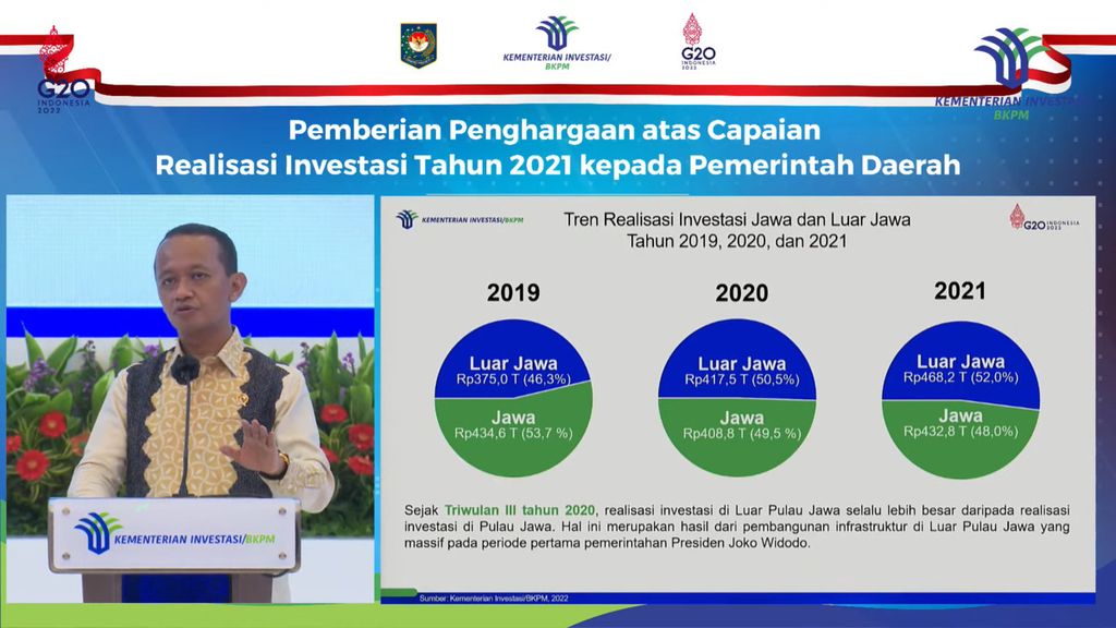Menteri Investasi dan Kepala Badan Koordinasi Penanaman Modal Bahlil Lahadalia saat memberikan sambutan pada acara Pemberian Penghargaan atas Capaian Realisasi Investasi Tahun 2021 kepada Pemerintah Daerah di Jakarta, Rabu (16/2/2022).