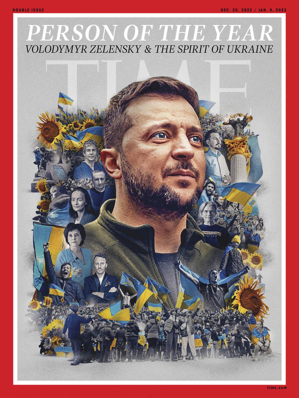  Sampul majalah <i>Time</i> yang mengumumkan Presiden Ukraina Volodymyr Zelenskyy sebagai ”Person of the Year” 2022, Rabu (7/12/2022). 