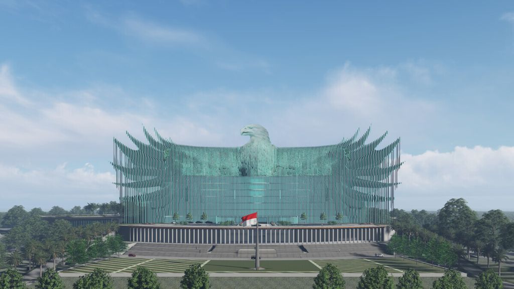 Desain Istana Negara berwujud burung Garuda karya seniman Nyoman Nuarta yang memenangi sayembara desain Istana Negara di Ibu Kota Negara (IKN) yang baru di Kabupaten Penajam Paser Utara, Kalimantan Timur. 