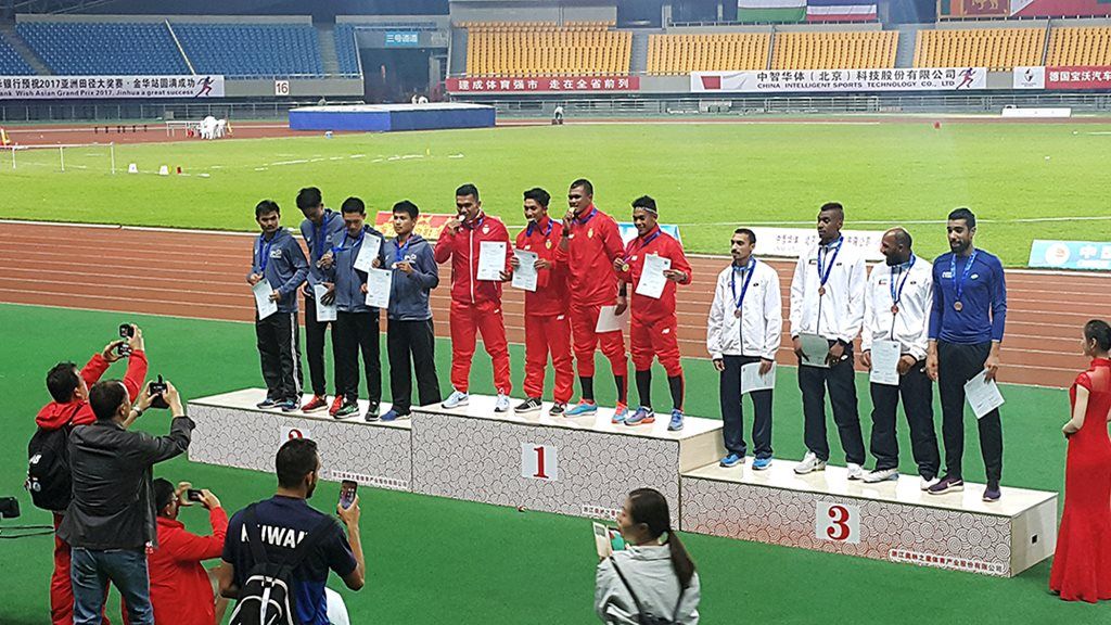 Tim  putra Indonesia berhasil menjadi  juara nomor estafet 4 x 100 meter di Grand Prix Atletik Asia Seri 1  di Jinhua, China, Senin (24/4).