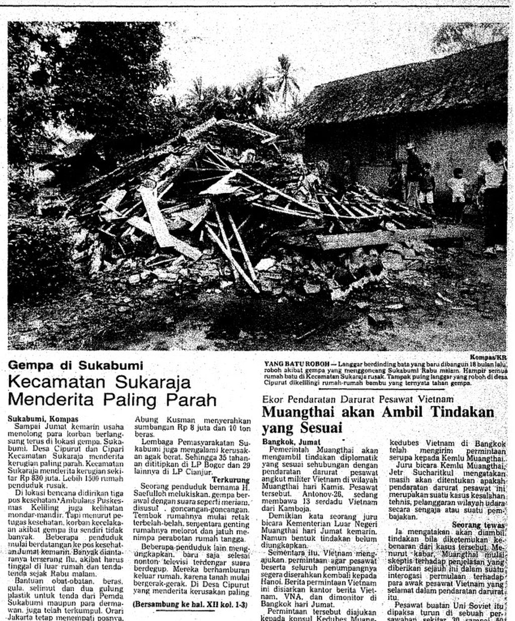  "Kompas" Daily Clipping on February 13, 1982 regarding the earthquake in Cianjur.