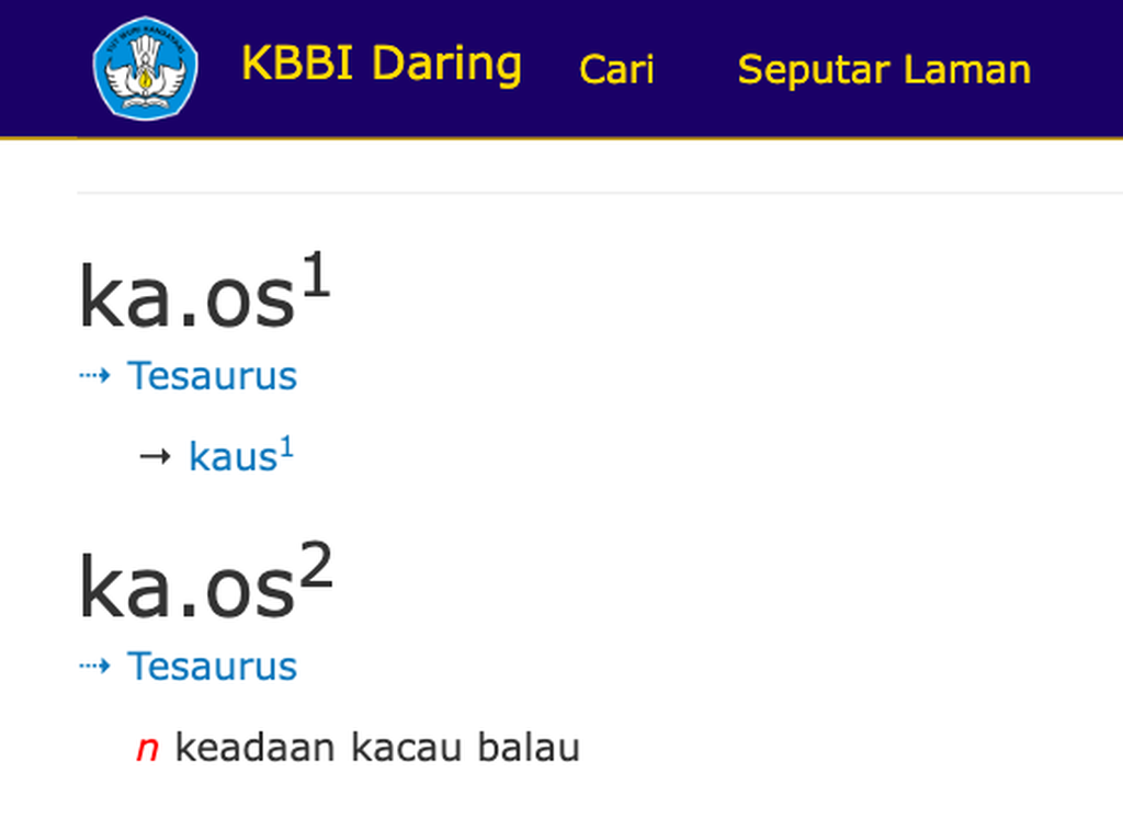 Arti kata "kaos" di laman kbbi.kemdikbud.go.id.