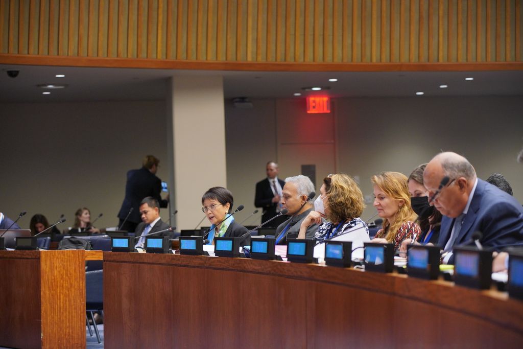Menteri Luar Negeri Retno Marsudi berbicara dalam Pertemuan Tingkat Menteri mengenai UNRWA di sela-sela Sidang Ke-77 Majelis Umum PBB di New York, Amerika Serikat, Kamis (22/9/2022).