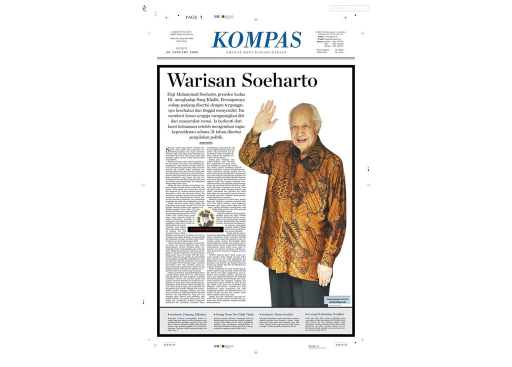 Presiden Soeharto, penguasa selama 32 tahun, meninggal di Jakarta, Minggu (27/1/2008), setelah sakit. Soeharto dimakamkan di pemakaman keluarga Astana Giribangun, Karanganyar, Jawa Tengah pada Senin (28/1); berdampingan dengan makam istrinya, Fatimah Siti Hartinah.