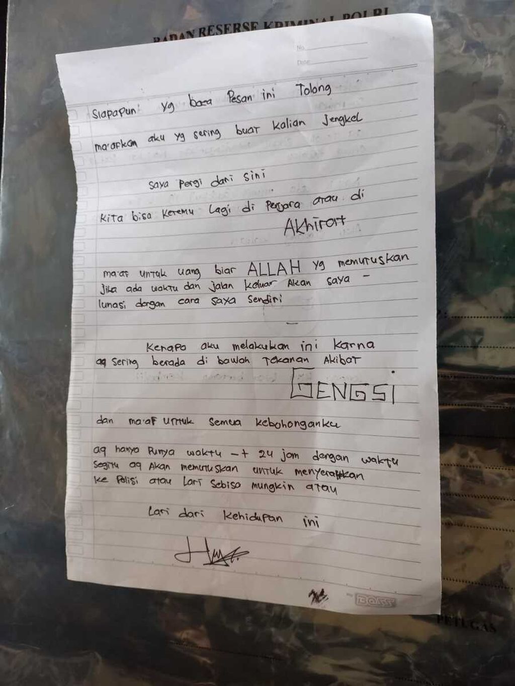 Surat yang ditulis oleh Heru Prastiyo (23), pelaku mutilasi seorang perempuan di Kabupaten Sleman, Daerah Istimewa Yogyakarta.