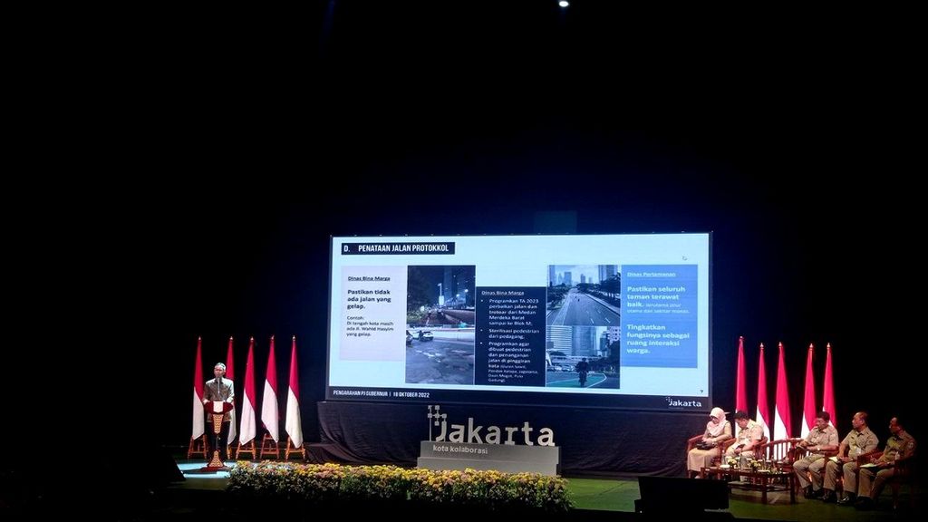 Penjabat Gubernur Heru Budi Hartono memberikan pengarahan kepada lurah, camat, dan suku dinas se-DKI Jakarta terkait program kerja yang perlu dibenahi,  Selasa (18/10/2022), di Graha Bhakti Budaya, Taman Ismail Marzuki, Jakarta Pusat.