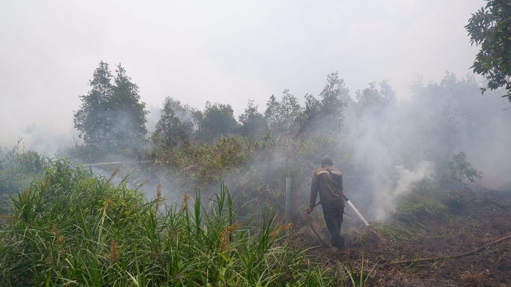 Petugas berusaha memadamkan api di lahan gambut yang terbakar di Kecamatan Gambut, Kabupaten Banjar, Kalimantan Selatan, Selasa (15/10/2019).