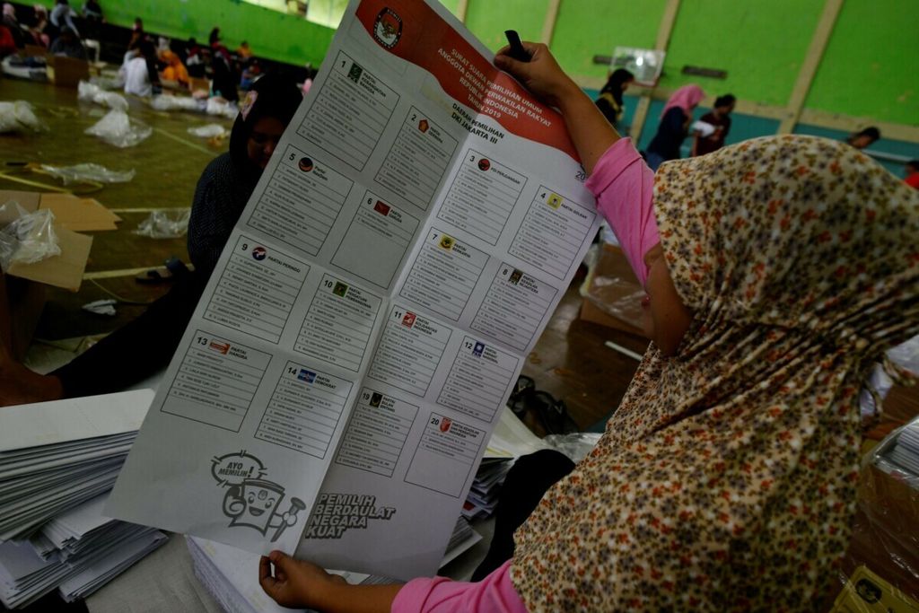 Pelipatan surat suara calon anggota DPR dalam Pemilu 2019 di GOR Kebon Jeruk, Jakarta, Sabtu (2/3/2019). Dalam sistem proporsional terbuka, pemilih bisa langsung memilih calon anggota DPR pilihannya.