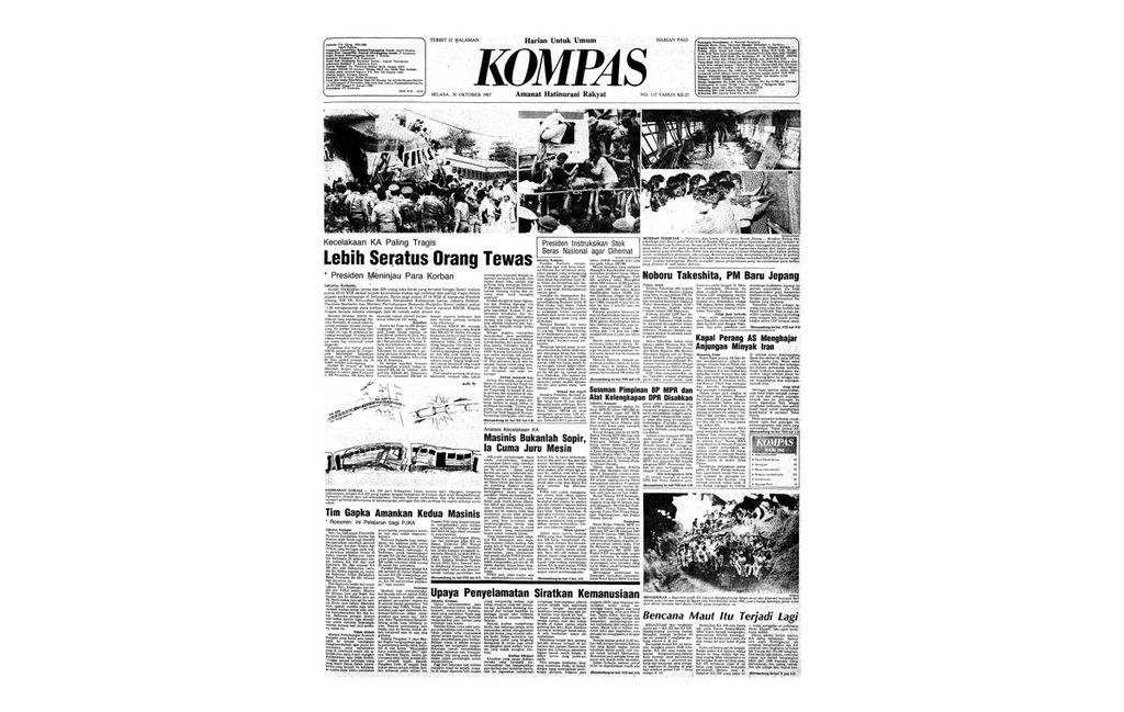 Kecelakaan kereta api pada 19 Oktober 1987 di Kelurahan Bintaro, Jakarta Selatan, merenggut 129 nyawa dan 238 orang luka berat. Peristiwa itu mengungkap masalah mendasar dalam tata kelola perkeretaapian, mulai dari muatan penumpang hingga peralatan yang tidak memenuhi persyaratan.