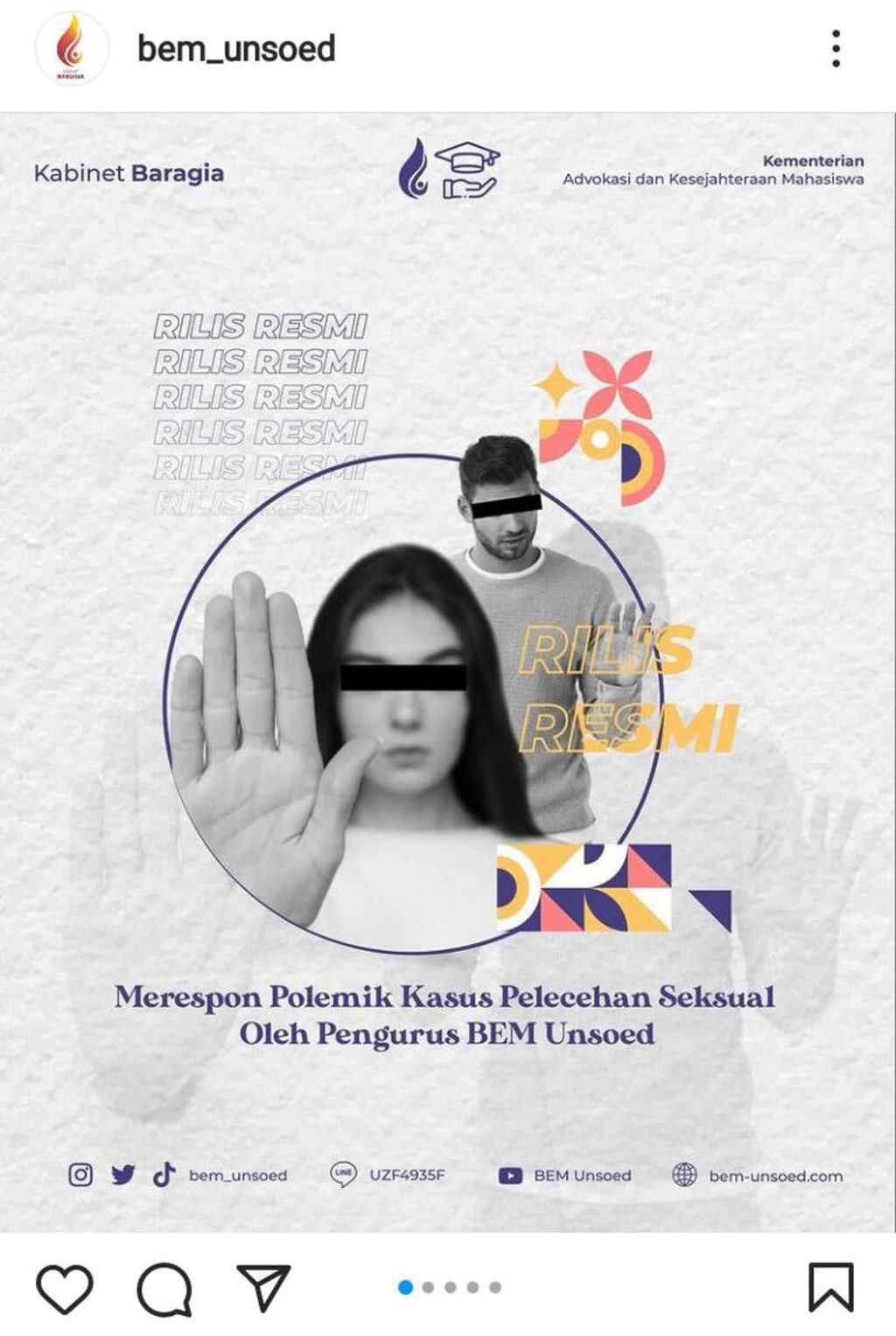 Tangkapan layar dari instagram BEM Unsoed terkait pelecehan seksual di Universitas Jenderal Soedirman, Purwokerto, Banyumas, Jawa Tengah.