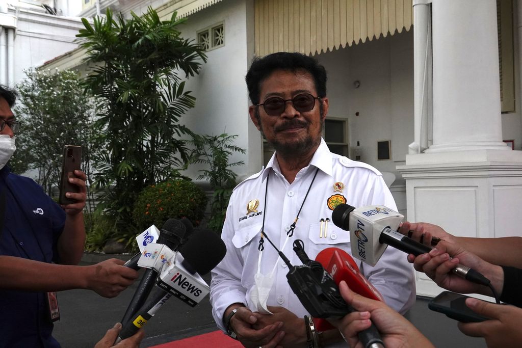 Menteri Pertanian Syahrul Yasin Limpo dalam keterangan pers usai rapat terbatas terkait produksi sorgum dan jagung di Istana Kepresidenan, Jakarta, Kamis (4/8/2022).