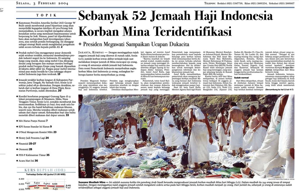 Tangkapan layar arsip berita <i>Kompas</i> yang memuat foto foto jenazah korban tragedi terowongan Mina, Arab Saudi, pada 2004 yang dimuat di halaman 1. 