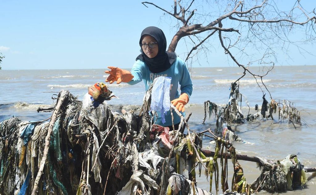 Aktivis lingkungan dari Ecological Observation and Wetlands Conservation (Ecoton) membersihkan sampah plastik yang melilit di akar mangrove saat melakukan bersih-bersih pesisir dalam rangka World Cleanup Day di kawasan Hutan Mangrove Wonorejo, Surabaya, Jawa Timur, Minggu (19/9/2021). Mereka memfokuskan membersihkan sampah plastik. 