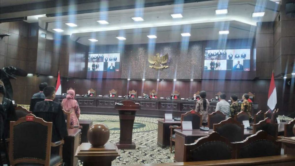 Sidang lanjutan uji materi Undang-Undang Nomor 7 Tahun 2017 tentang Pemilu dengan agenda mendengarkan keterangan pihak terkait di Gedung Mahkamah Konstitusi (MK), Jakarta Pusat, Kamis (16/3/2023).