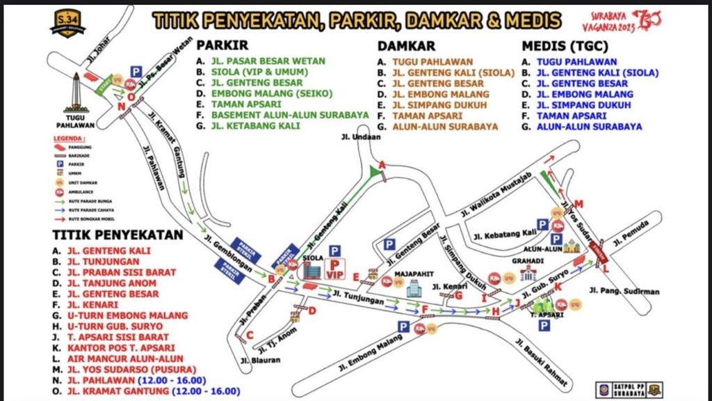 Rencana penyekatan atau penutupan jalan dan pengalihan lalu lintas untuk parade kendaraan hias dan karnaval budaya Surabaya Vaganza pada Sabtu (27/5/2023).