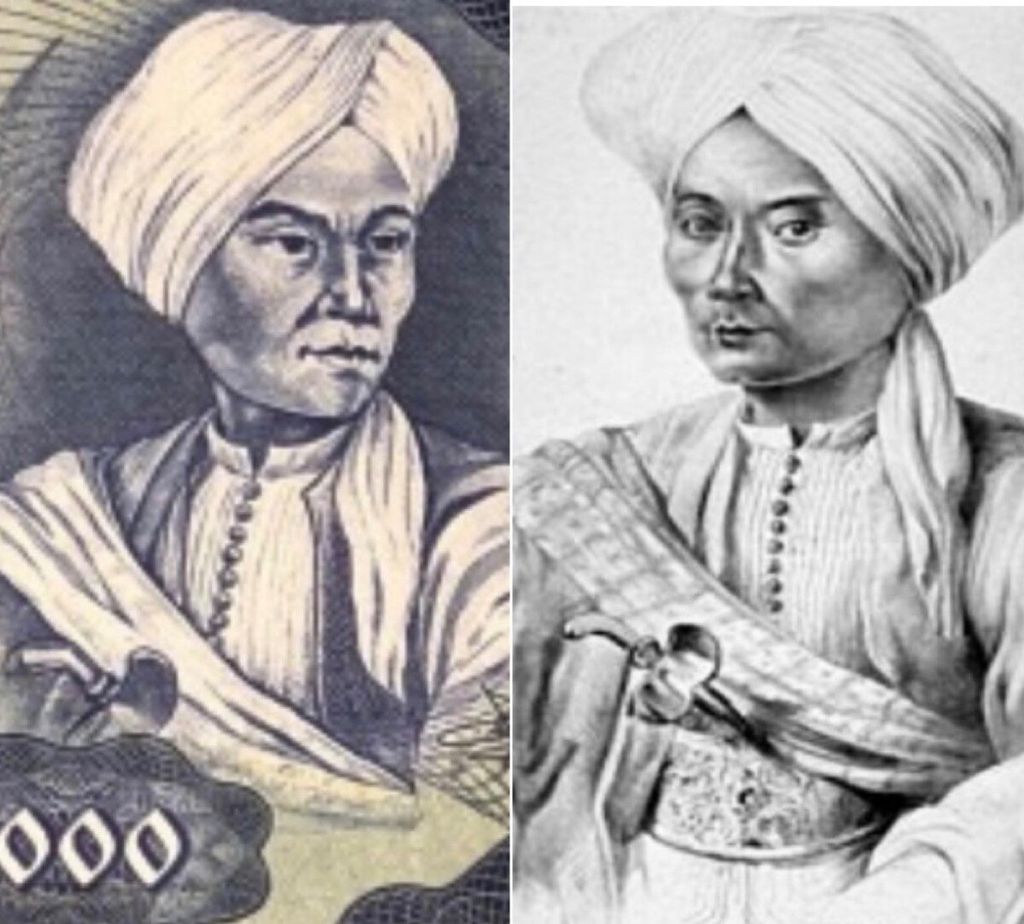 1. Gambar Pangeran Diponegoro di mata ruang RI (kiri) dan litografi sosok Pangeran Diponegoro, berdasarkan gambar Jan Bik.