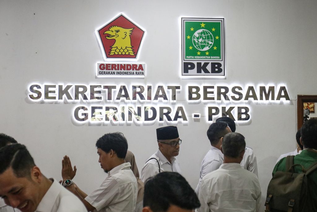 Logo Partai Gerindra dan PKB di Sekretariat Bersama Gerindra-PKB, Jakarta (23/1/2023). Ketua Umum Partai Gerindra Prabowo Subianto dan Ketua Umum Partai Kebangkitan Bangsa (PKB) Muhaimin Iskandar meresmikan Sekretariat Bersama Gerindra-PKB. 